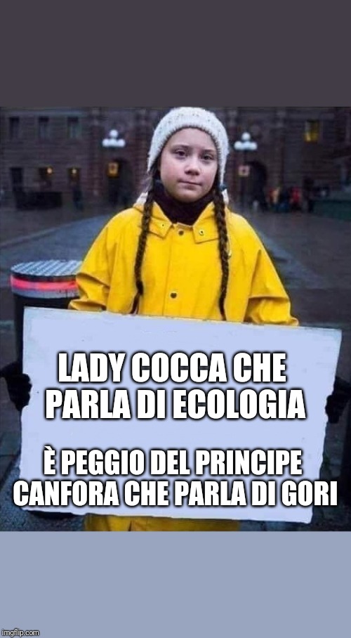 Greta | LADY COCCA CHE PARLA DI ECOLOGIA; È PEGGIO DEL PRINCIPE CANFORA CHE PARLA DI GORI | image tagged in greta | made w/ Imgflip meme maker