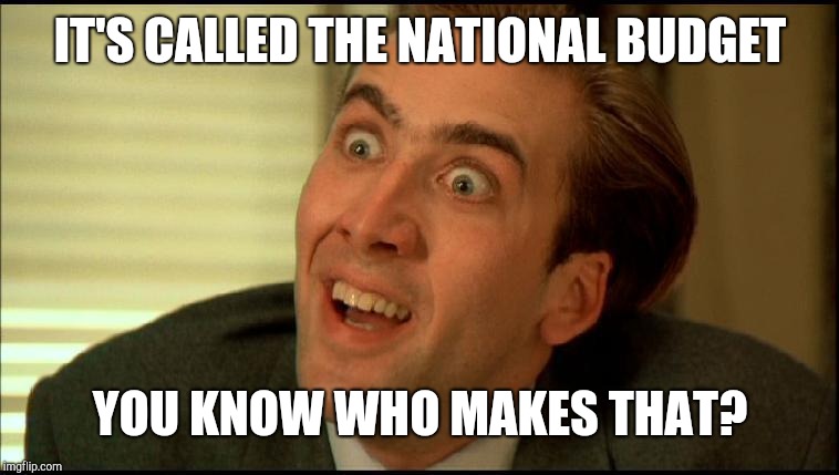 You Don't Say - Nicholas Cage | IT'S CALLED THE NATIONAL BUDGET YOU KNOW WHO MAKES THAT? | image tagged in you don't say - nicholas cage | made w/ Imgflip meme maker