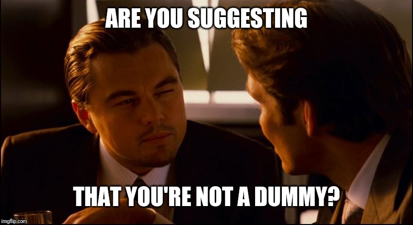 Leonardo DiCaprio Inception Squint  | ARE YOU SUGGESTING THAT YOU'RE NOT A DUMMY? | image tagged in leonardo dicaprio inception squint | made w/ Imgflip meme maker