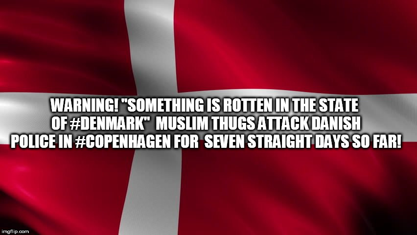 Danish flag | WARNING! "SOMETHING IS ROTTEN IN THE STATE OF #DENMARK"  MUSLIM THUGS ATTACK DANISH POLICE IN #COPENHAGEN FOR  SEVEN STRAIGHT DAYS SO FAR! | image tagged in danish flag | made w/ Imgflip meme maker
