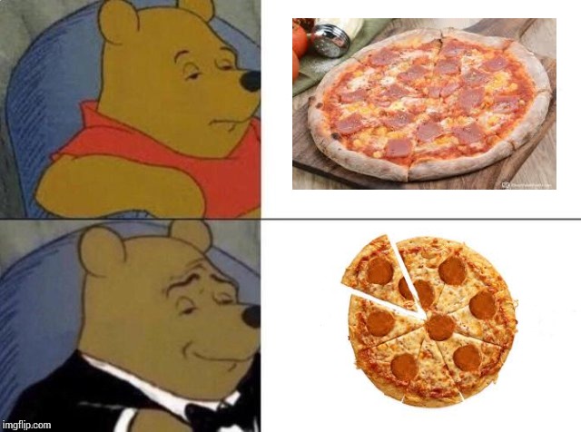 Ham Pizza vs. Pepperoni Pizza | image tagged in tuxedo winnie the pooh | made w/ Imgflip meme maker