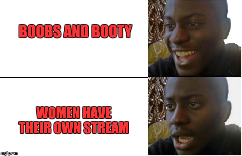 Disappointed Black Guy | BOOBS AND BOOTY WOMEN HAVE THEIR OWN STREAM | image tagged in disappointed black guy | made w/ Imgflip meme maker