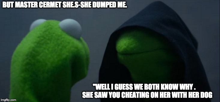 Evil Kermit Meme | BUT MASTER CERMET SHE.S-SHE DUMPED ME. "WELL I GUESS WE BOTH KNOW WHY .    
SHE SAW YOU CHEATING ON HER WITH HER DOG | image tagged in memes,evil kermit | made w/ Imgflip meme maker