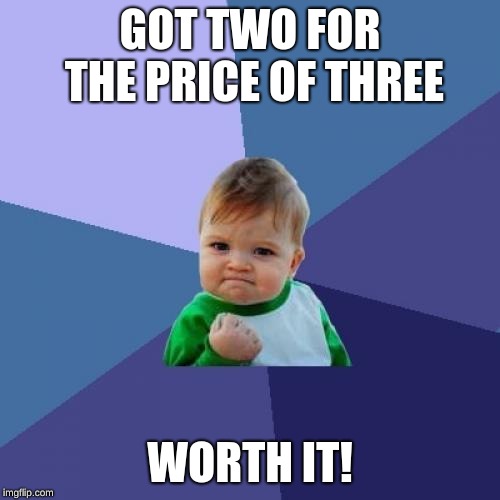Success Kid Meme | GOT TWO FOR THE PRICE OF THREE; WORTH IT! | image tagged in memes,success kid | made w/ Imgflip meme maker