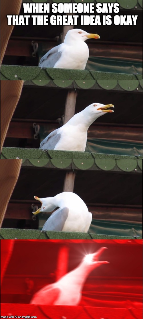 Inhaling Seagull | WHEN SOMEONE SAYS THAT THE GREAT IDEA IS OKAY | image tagged in memes,inhaling seagull | made w/ Imgflip meme maker