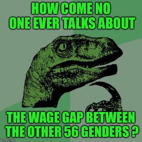 Philosoraptor | HOW COME NO ONE EVER TALKS ABOUT; THE WAGE GAP BETWEEN THE OTHER 56 GENDERS ? | image tagged in memes,philosoraptor | made w/ Imgflip meme maker