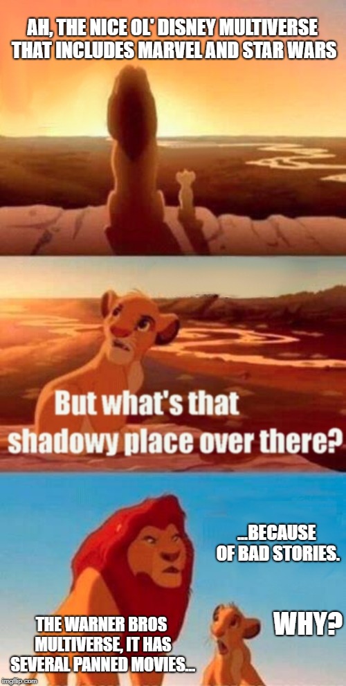 Simba Shadowy Place Meme | AH, THE NICE OL' DISNEY MULTIVERSE THAT INCLUDES MARVEL AND STAR WARS; ...BECAUSE OF BAD STORIES. THE WARNER BROS MULTIVERSE, IT HAS SEVERAL PANNED MOVIES... WHY? | image tagged in memes,simba shadowy place | made w/ Imgflip meme maker