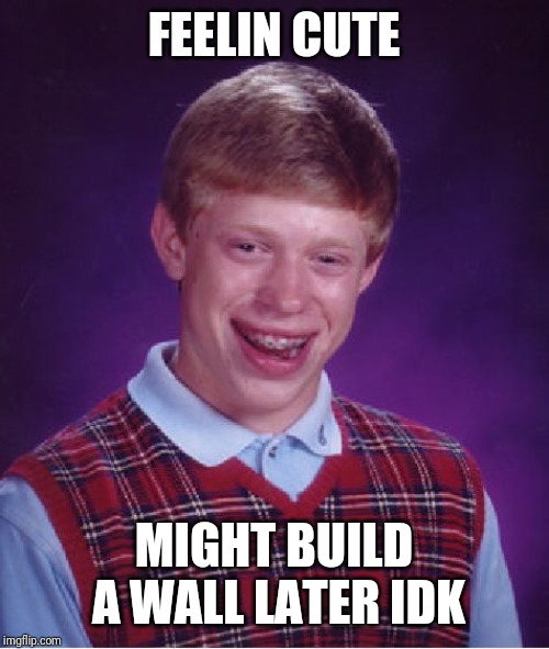 Bad Luck Brian Meme | FEELIN CUTE; MIGHT BUILD A WALL LATER IDK | image tagged in memes,bad luck brian | made w/ Imgflip meme maker