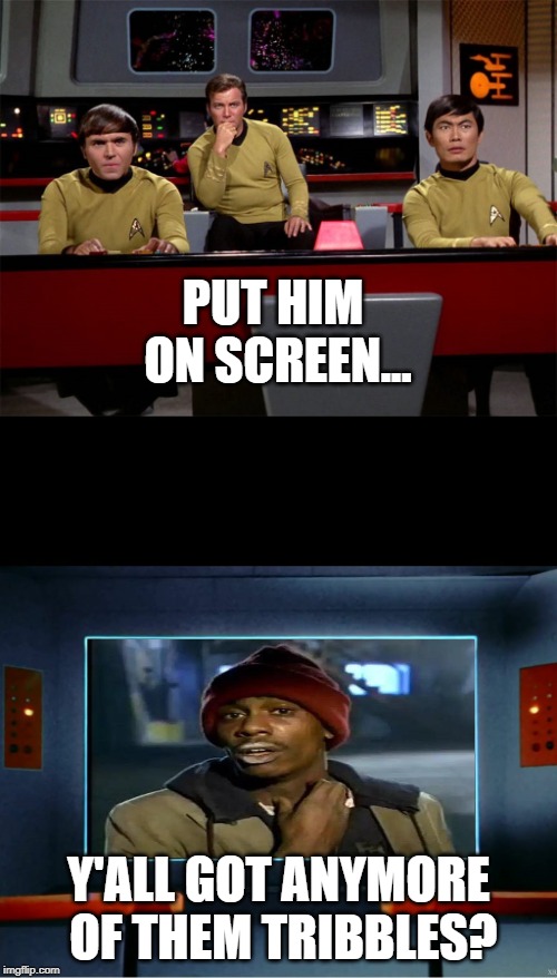 Tyrone has a Fetish | PUT HIM ON SCREEN... Y'ALL GOT ANYMORE OF THEM TRIBBLES? | image tagged in star trek on screen | made w/ Imgflip meme maker