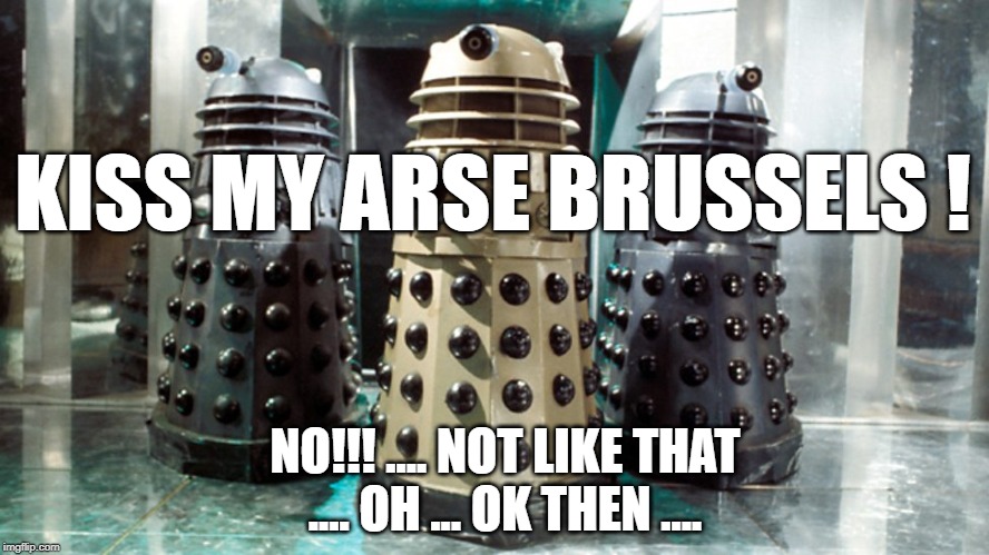 arse daleks | KISS MY ARSE BRUSSELS ! NO!!! .... NOT LIKE THAT .... OH ... OK THEN .... | image tagged in brexit | made w/ Imgflip meme maker