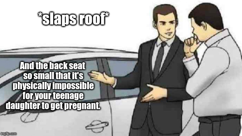 Know your customer. | *slaps roof*; And the back seat so small that it's physically impossible for your teenage daughter to get pregnant. | image tagged in memes,car salesman slaps roof of car | made w/ Imgflip meme maker
