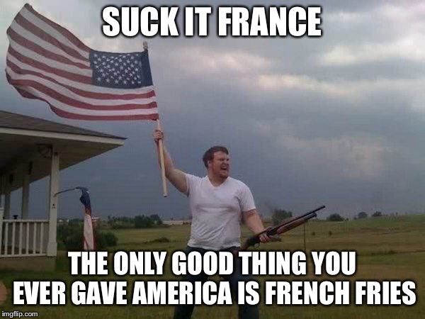 American flag shotgun guy | SUCK IT FRANCE; THE ONLY GOOD THING YOU EVER GAVE AMERICA IS FRENCH FRIES | image tagged in american flag shotgun guy | made w/ Imgflip meme maker