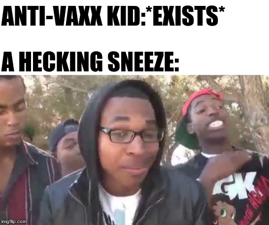 I'm about to end this man's whole career |  ANTI-VAXX KID:*EXISTS*; A HECKING SNEEZE: | image tagged in i'm about to end this man's whole career | made w/ Imgflip meme maker