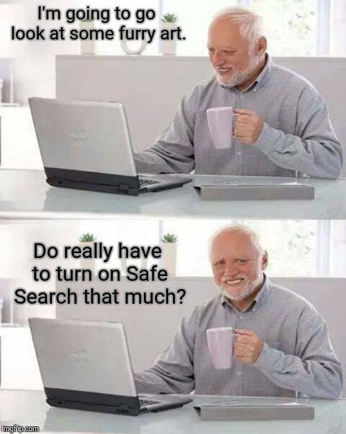 *sigh* | I'm going to go look at some furry art. Do really have to turn on Safe Search that much? | image tagged in memes,hide the pain harold,furry,art,rule 34,google images | made w/ Imgflip meme maker