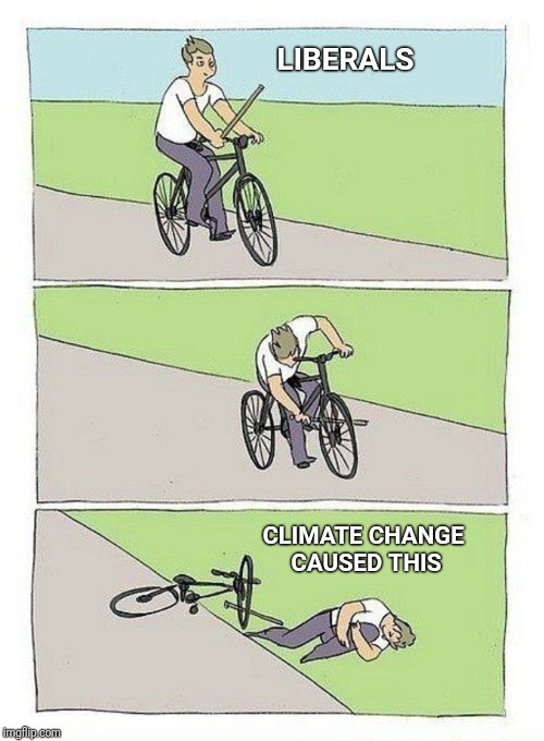 Bike Fall | LIBERALS; CLIMATE CHANGE CAUSED THIS | image tagged in bike fall,climate change,green,liberals,liberal logic | made w/ Imgflip meme maker
