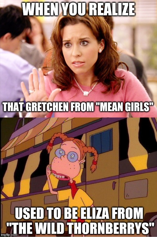 And Meg from the early seasons of "Family Guy". | WHEN YOU REALIZE; THAT GRETCHEN FROM "MEAN GIRLS"; USED TO BE ELIZA FROM "THE WILD THORNBERRYS" | image tagged in memes,when you realize,mean girls,the wild thornberrys,lacey chabert | made w/ Imgflip meme maker