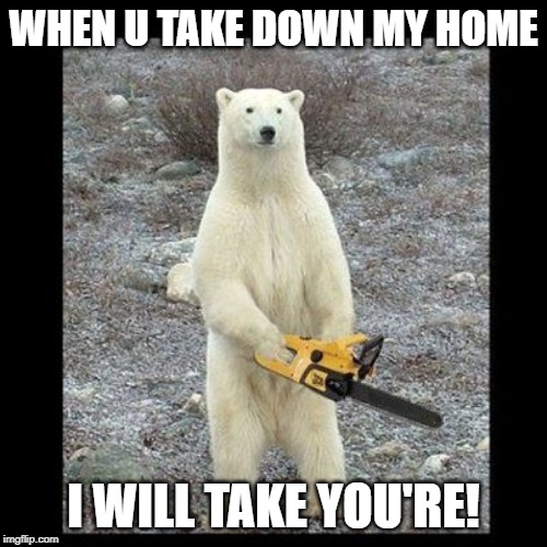 Chainsaw Bear | WHEN U TAKE DOWN MY HOME; I WILL TAKE YOU'RE! | image tagged in memes,chainsaw bear | made w/ Imgflip meme maker