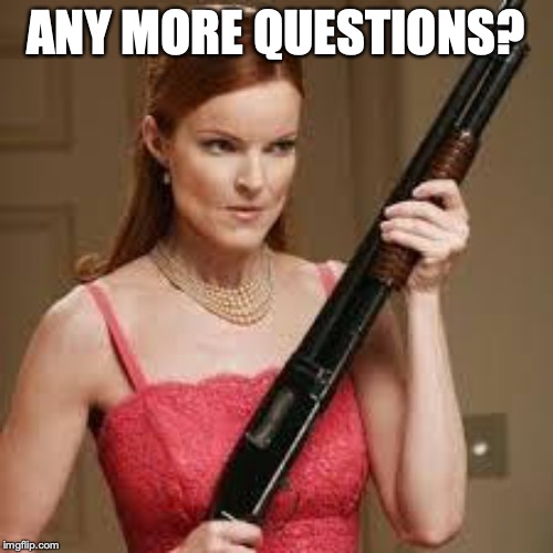 wife with a shotgun | ANY MORE QUESTIONS? | image tagged in wife with a shotgun | made w/ Imgflip meme maker