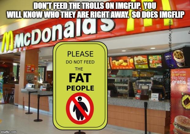 Don't feed the fat people sign | DON'T FEED THE TROLLS ON IMGFLIP.  YOU WILL KNOW WHO THEY ARE RIGHT AWAY.  SO DOES IMGFLIP | image tagged in don't feed the fat people sign | made w/ Imgflip meme maker