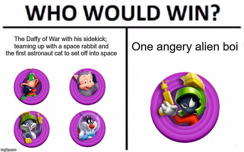 Space Act 3-10 in a Nutshell | The Daffy of War with his sidekick; teaming up with a space rabbit and the first astronaut cat to set off into space; One angery alien boi | image tagged in memes,who would win,looney tunes,video games | made w/ Imgflip meme maker