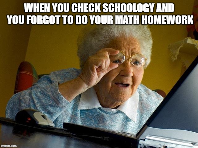Grandma Finds The Internet Meme | WHEN YOU CHECK SCHOOLOGY AND YOU FORGOT TO DO YOUR MATH HOMEWORK | image tagged in memes,grandma finds the internet | made w/ Imgflip meme maker