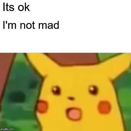 Surprised Pikachu Meme | Its ok I'm not mad | image tagged in memes,surprised pikachu | made w/ Imgflip meme maker