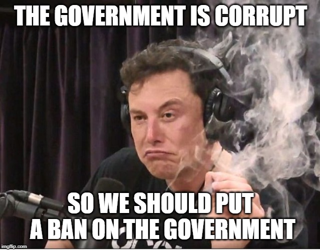 Elon Musk smoking a joint | THE GOVERNMENT IS CORRUPT; SO WE SHOULD PUT A BAN ON THE GOVERNMENT | image tagged in elon musk smoking a joint | made w/ Imgflip meme maker