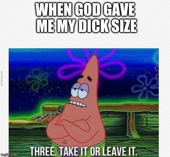 3 take it or leave it | WHEN GOD GAVE ME MY DICK SIZE | image tagged in 3 take it or leave it | made w/ Imgflip meme maker