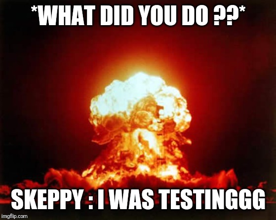 "I WAS TESTING MEME" (Check Skeppy's YouTube Channel) | *WHAT DID YOU DO ??*; SKEPPY : I WAS TESTINGGG | image tagged in nuclear explosion,skeppy,minecraft,funny,i was testing,meme | made w/ Imgflip meme maker