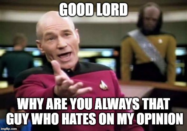 Picard Wtf Meme | GOOD LORD WHY ARE YOU ALWAYS THAT GUY WHO HATES ON MY OPINION | image tagged in memes,picard wtf | made w/ Imgflip meme maker