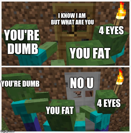wooden door vs iron door | I KNOW I AM BUT WHAT ARE YOU; 4 EYES; YOU'RE DUMB; YOU FAT; NO U; YOU'RE DUMB; 4 EYES; YOU FAT | image tagged in wooden door vs iron door,memes,funny,minecraft,no u | made w/ Imgflip meme maker