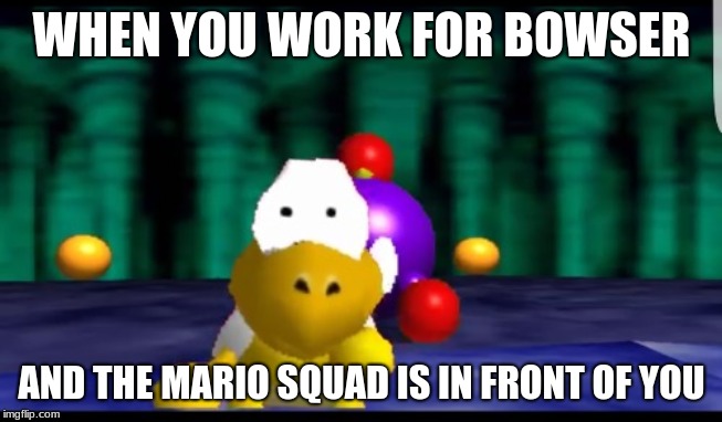 Scared Koopa 2.0 | WHEN YOU WORK FOR BOWSER; AND THE MARIO SQUAD IS IN FRONT OF YOU | image tagged in scared koopa 20 | made w/ Imgflip meme maker