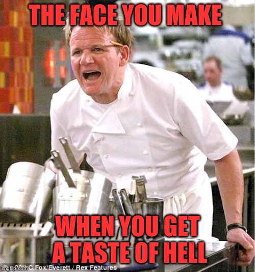 Chef Gordon Ramsay | THE FACE YOU MAKE; WHEN YOU GET A TASTE OF HELL | image tagged in memes,chef gordon ramsay | made w/ Imgflip meme maker