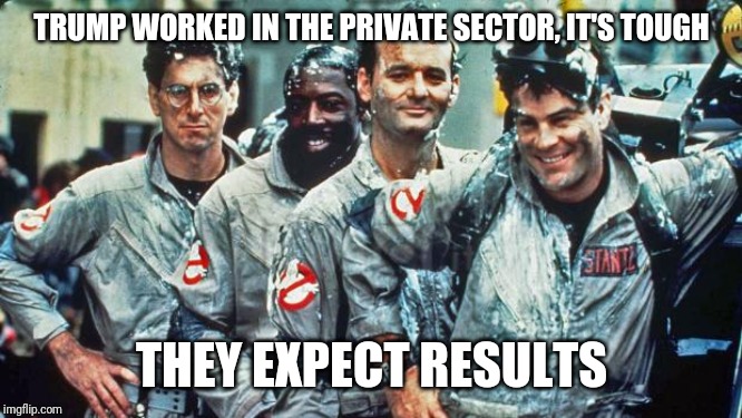 ghostbusters | TRUMP WORKED IN THE PRIVATE SECTOR, IT'S TOUGH THEY EXPECT RESULTS | image tagged in ghostbusters | made w/ Imgflip meme maker