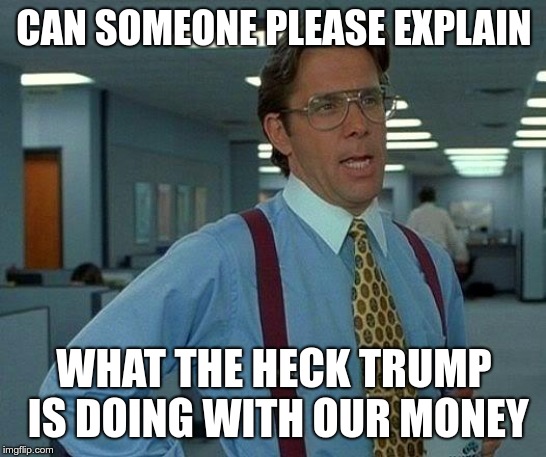 That Would Be Great | CAN SOMEONE PLEASE EXPLAIN; WHAT THE HECK TRUMP IS DOING WITH OUR MONEY | image tagged in memes,that would be great | made w/ Imgflip meme maker