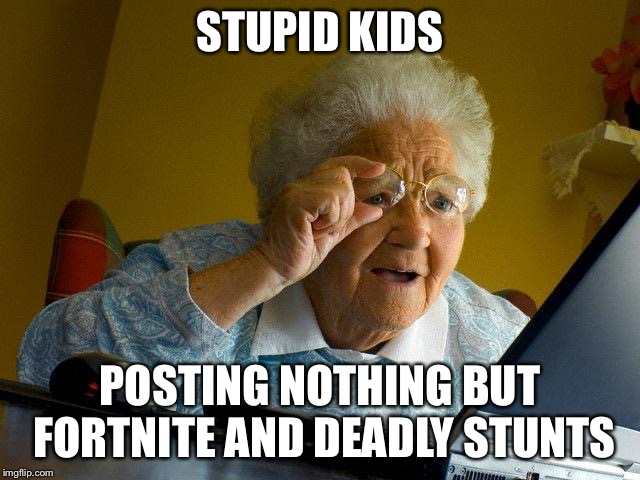 Grandma Finds The Internet | STUPID KIDS; POSTING NOTHING BUT FORTNITE AND DEADLY STUNTS | image tagged in memes,grandma finds the internet | made w/ Imgflip meme maker