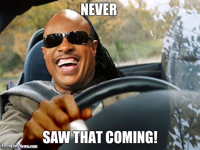 Stevie Wonder Driving | NEVER SAW THAT COMING! | image tagged in stevie wonder driving | made w/ Imgflip meme maker