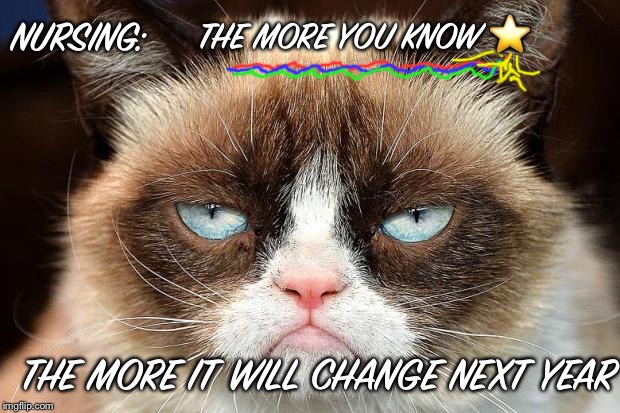 Nursing knowledge | NURSING:; THE MORE YOU KNOW ⭐️; THE MORE IT WILL CHANGE NEXT YEAR | image tagged in memes,grumpy cat not amused,grumpy cat | made w/ Imgflip meme maker