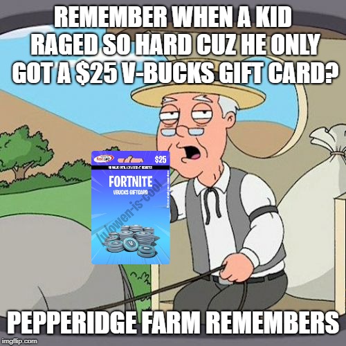 Pepperidge Farm Remembers | REMEMBER WHEN A KID RAGED SO HARD CUZ HE ONLY GOT A $25 V-BUCKS GIFT CARD? PEPPERIDGE FARM REMEMBERS | image tagged in memes,pepperidge farm remembers | made w/ Imgflip meme maker