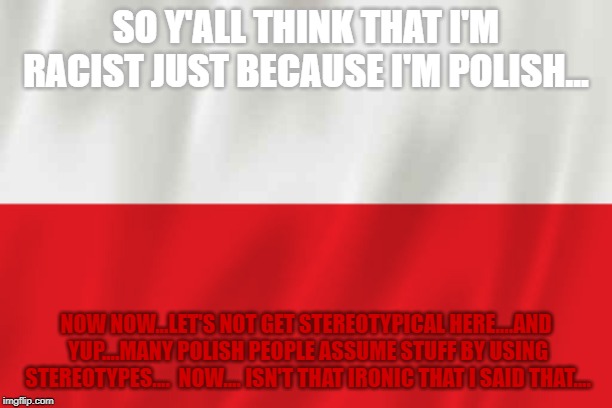 Yes...It's true...I am Polish...So...Jak lechi? | SO Y'ALL THINK THAT I'M RACIST JUST BECAUSE I'M POLISH... NOW NOW...LET'S NOT GET STEREOTYPICAL HERE....AND YUP....MANY POLISH PEOPLE ASSUME STUFF BY USING STEREOTYPES....  NOW.... ISN'T THAT IRONIC THAT I SAID THAT.... | image tagged in poland,stereotypes,irony | made w/ Imgflip meme maker