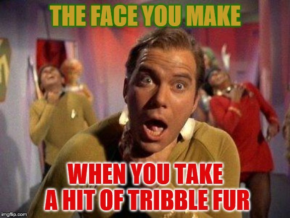 Captain Kirk Choke | THE FACE YOU MAKE WHEN YOU TAKE A HIT OF TRIBBLE FUR | image tagged in captain kirk choke | made w/ Imgflip meme maker