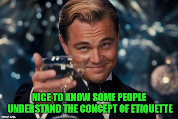 Leonardo Dicaprio Cheers Meme | NICE TO KNOW SOME PEOPLE UNDERSTAND THE CONCEPT OF ETIQUETTE | image tagged in memes,leonardo dicaprio cheers | made w/ Imgflip meme maker