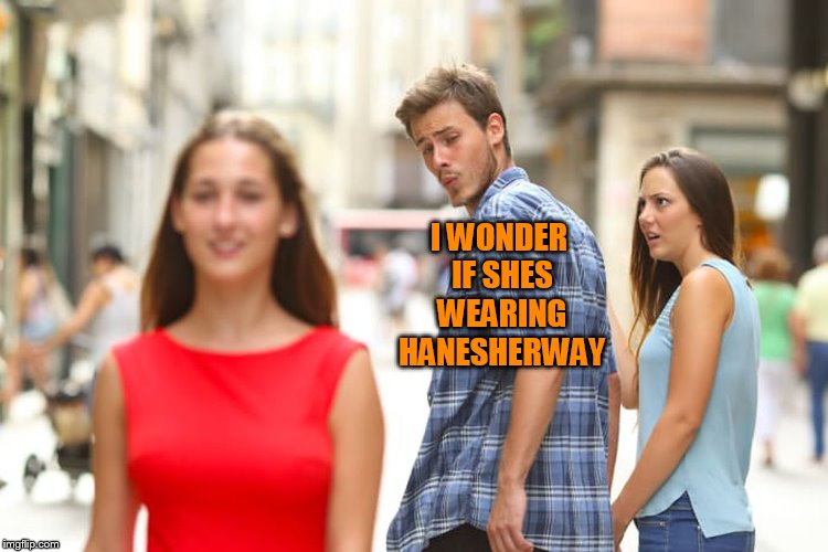 Distracted Boyfriend Meme | I WONDER IF SHES WEARING HANESHERWAY | image tagged in memes,distracted boyfriend | made w/ Imgflip meme maker