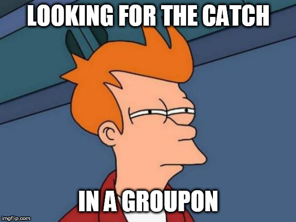 Futurama Fry Meme | LOOKING FOR THE CATCH; IN A GROUPON | image tagged in memes,futurama fry | made w/ Imgflip meme maker