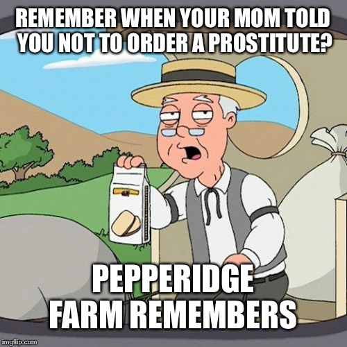Pepperidge Farm Remembers | REMEMBER WHEN YOUR MOM TOLD YOU NOT TO ORDER A PROSTITUTE? PEPPERIDGE FARM REMEMBERS | image tagged in memes,pepperidge farm remembers | made w/ Imgflip meme maker