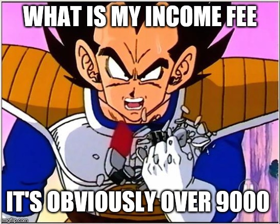 Vegeta over 9000 | WHAT IS MY INCOME FEE; IT'S OBVIOUSLY OVER 9000 | image tagged in vegeta over 9000 | made w/ Imgflip meme maker