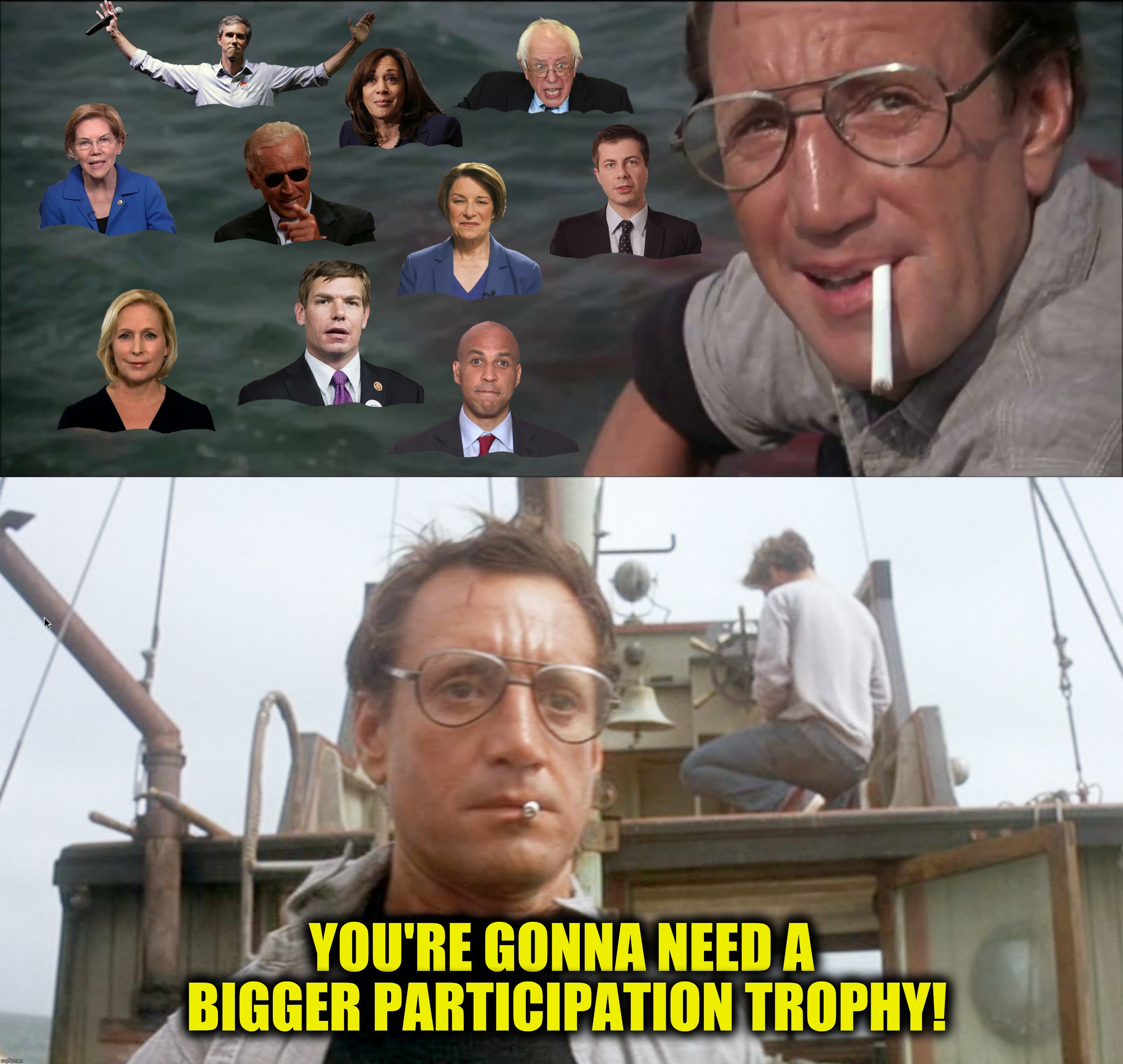 The face you make when you realize that's only half of them | YOU'RE GONNA NEED A BIGGER PARTICIPATION TROPHY! | image tagged in jaws,2020 presidential candidates,participation trophy,you're gonna need a bigger boat,bad photoshop | made w/ Imgflip meme maker