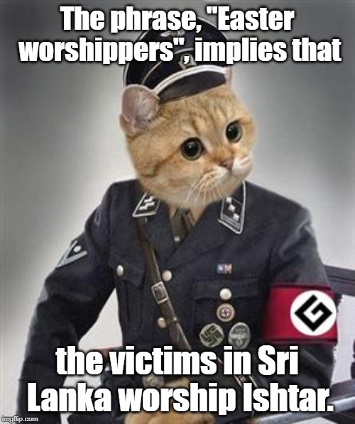 If you're wondering why people were offended... | The phrase, "Easter worshippers", implies that; the victims in Sri Lanka worship Ishtar. | image tagged in grammar nazi cat | made w/ Imgflip meme maker