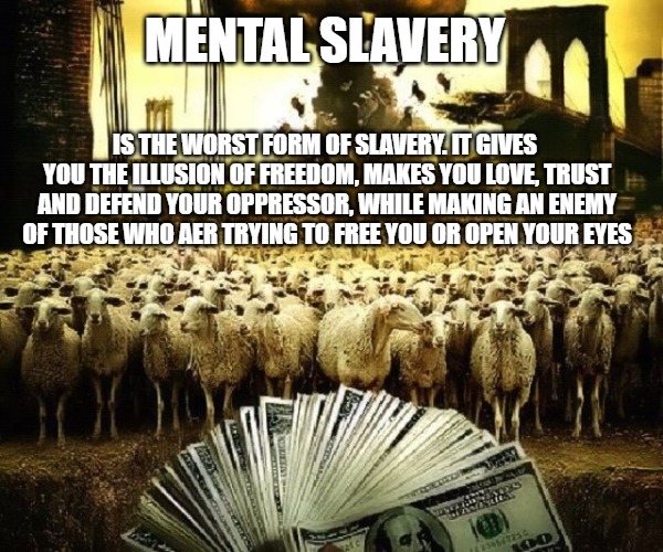 Mental Slavery | MENTAL SLAVERY; IS THE WORST FORM OF SLAVERY. IT GIVES YOU THE ILLUSION OF FREEDOM, MAKES YOU LOVE, TRUST AND DEFEND YOUR OPPRESSOR, WHILE MAKING AN ENEMY OF THOSE WHO AER TRYING TO FREE YOU OR OPEN YOUR EYES | image tagged in memes | made w/ Imgflip meme maker