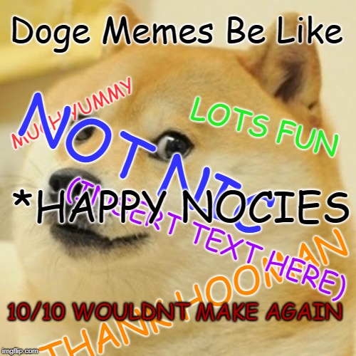 Doge Meme | Doge Memes Be Like; MUCH YUMMY; LOTS FUN; NOT NIC; *HAPPY NOCIES; (INSERT TEXT HERE); 10/10 WOULDNT MAKE AGAIN; THANK HOOMAN | image tagged in memes,doge | made w/ Imgflip meme maker
